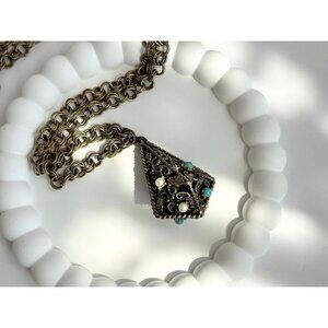 Vintage Gold & Silver Tone Faux Pearl and Turquoise Long Chain Necklace